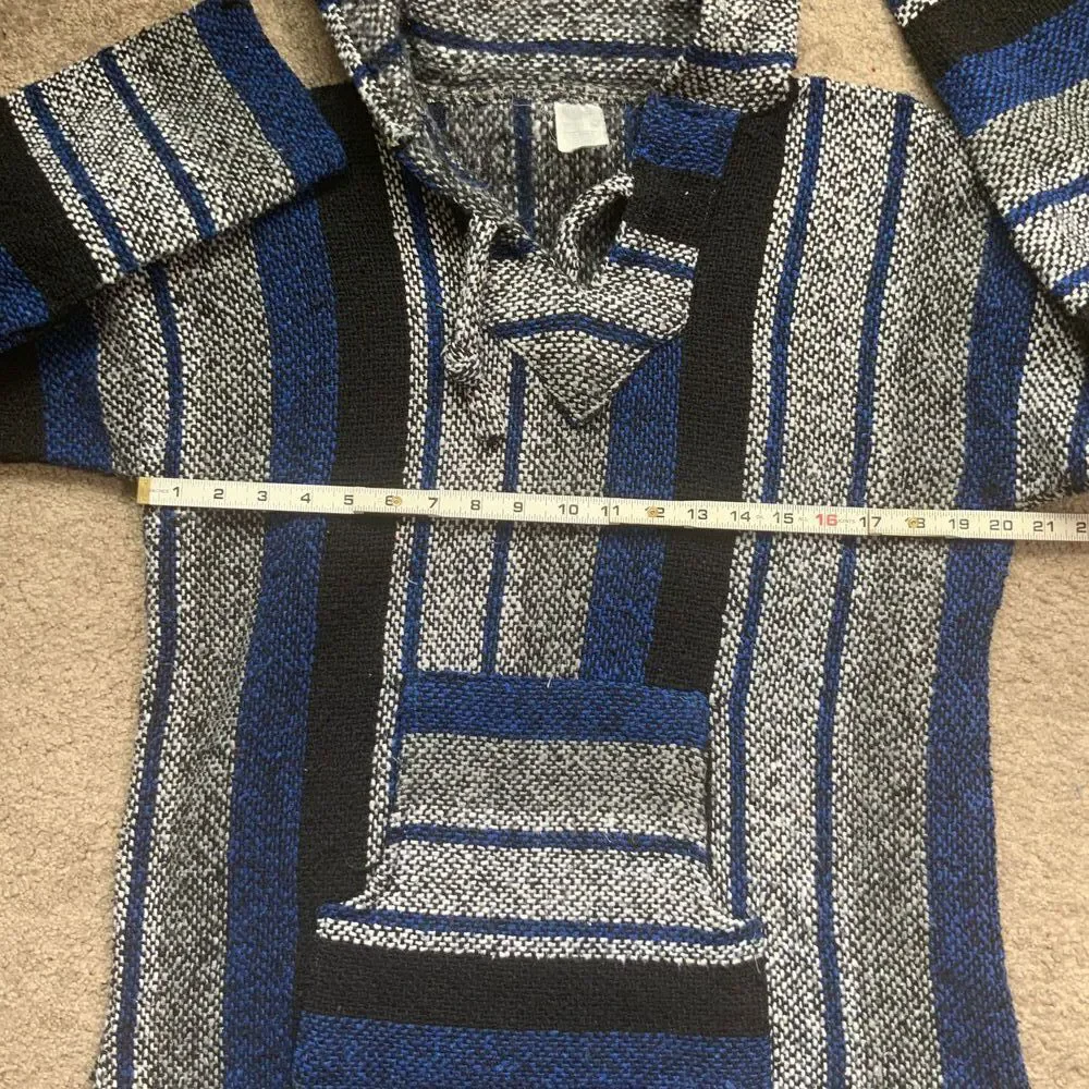 Roxy Blue Striped Hooded Drawstring Baja Sweater Indie Aesthetic Unisex Size Med